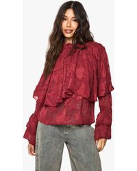 Boohoo - Burnout Floral High Neck Ruffle Overlay Tie Cuff Blouse - Lyst