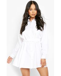Boohoo Belted Button Down Long Sleeve Shirt Dress in Black | Lyst