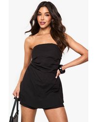Boohoo - Linen Ruched Bandeau Skort Playsuit - Lyst