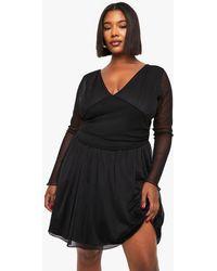 Boohoo - Plus Plunge Corset Detail Long Sleeve Skater Dress - Lyst