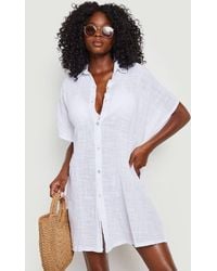 Boohoo - Linen Look Button Front Batwing Beach Kaftan Shirt - Lyst