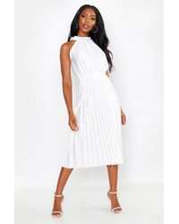 Boohoo Womens Shirred Waist Pleated Midi Dress - White