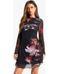 Boohoo - Floral Printed Mesh A Line Mini Dress - Lyst