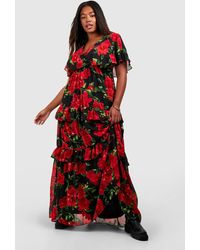 Boohoo - Plus Rose Print Ed Ruffle Angel Sleeve Maxi Dress - Lyst