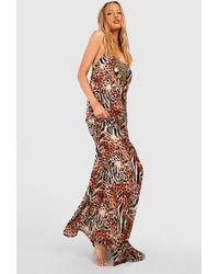 Boohoo - Tall Beach Leopard Print Beaded Hanky Hem Chiffon Maxi Dress - Lyst