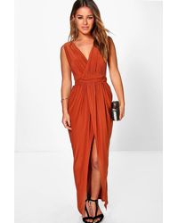 Boohoo Petite Robe Maxi Drapée À Décolleté Plongeant - Orange