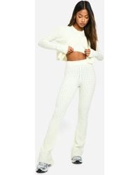 Boohoo - Soft Cable Knitted Cardigan, Crop Top And Flare Leg Trouser 3 Piece Set - Lyst