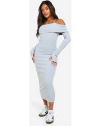 Boohoo - Wide Rib Bardot Tie Midaxi Dress - Lyst