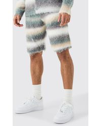 Boohoo - Relaxed Mid Length Knitted Brushed Stripe Short In Sage - Lyst