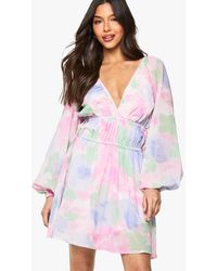 Boohoo - Floral Tie Waist Balloon Sleeve Mini Dress - Lyst