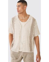 Boohoo - Oversized Boxy Open Stitch Stripe Knit Shirt In Ecru - Lyst
