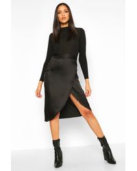 Boohoo Tall Satin Wrap Midi Skirt - Noir