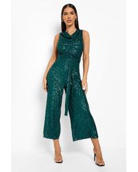 Boohoo - Sequin Cowl Neck Belted Culotte Jumpsuit - Lyst