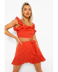 Boohoo Broderie Ruffle Detail Top & Skirt - Red