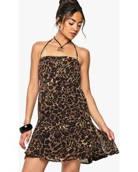 Boohoo - Leopard Print Chiffon Strappy Square Neck Smock Mini Dress - Lyst