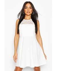 boohoo lace skater dress with flared cuffs in white