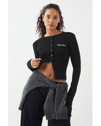 DSGN Studio - Ribbed Script Embroidery Button Through Long Sleeve Top - Lyst