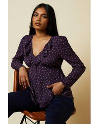 Dorothy Perkins - Petite Berry Spot Ruffle Neck Long Sleeve Button Front Tea Blouse - Lyst