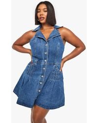 Boohoo - Plus Collared Button Down Denim Mini Dress - Lyst