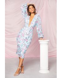 Boohoo Vestido Midi Con Manga Abullonada Y Lentejuelas De Ocasión - Azul