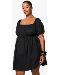 Boohoo - Plus Linen Tie Back Puff Sleeve Smock Mini Dress - Lyst