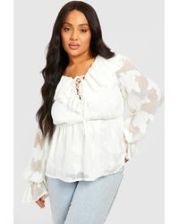 Boohoo - Plus Woven Jaquard Frill Detail Long Sleeve Blouse - Lyst
