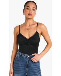 Boohoo - Super Soft Lace Trim Ruched Bust Cami One Piece - Lyst