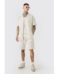 Boohoo - Tall Oversized Linen Drop Revere Shirt & Short Set In Natural - Lyst