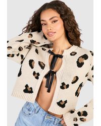 Boohoo - Leopard Print Knitted Bow Detail Cardigan - Lyst