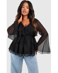 Boohoo - Plus Dobby Ruffle Flared Sleeve Blouse - Lyst