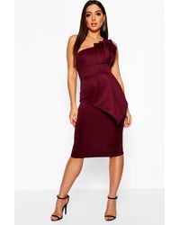one shoulder pleated detail midi dress
