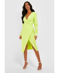 Boohoo Tall Satin Feather Detail Wrap Midi Dress - Yellow