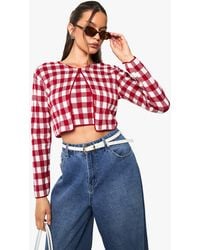 Boohoo - Gingham Button Neck Cardigan And Cami Top Set - Lyst