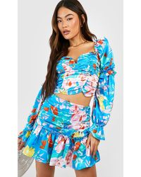 Boohoo - Floral Puff Sleeve Corset & Ruched Mini Skirt - Lyst