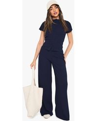 Boohoo - Crinkle Rib Button Through Cap Sleeve Top And Trouser Set - Lyst