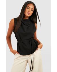 Boohoo - Jersey Crepe Cowl Neck Belted Blouse - Lyst