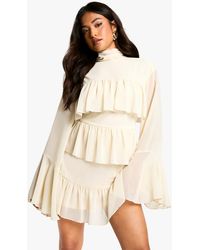 Boohoo - Petite Chiffon Ruffle High Neck Tie Back Shift Dress - Lyst