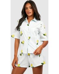 Boohoo - Cotton Poplin Lemon Stripe Short Sleeve Pyjama Shirt - Lyst