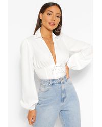 Boohoo - White Woven Lace Up Corset Top - Lyst