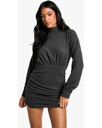 Boohoo - Tall High Neck Soft Rib Ruched Mini Dress - Lyst