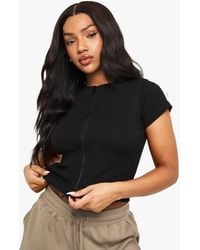 Boohoo - Rib Double Zip Through Short Sleeve Top - Lyst