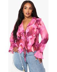 Boohoo - Plus Blurred Floral Tie Front Ruffle Blouse - Lyst