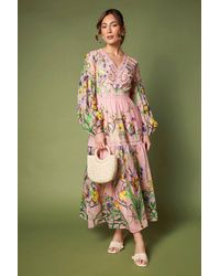 Coast - Printed V Neck Long Sleeve Organza Midaxi Dress - Lyst