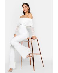 Boohoo Mesh Off The Shoulder Ruched Jumpsuit - White