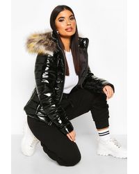 Boohoo Petite High Shine Faux Fur Trim Hooded Coat - Black