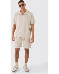 BoohooMAN - Oversized Revere Towelling Polo & Shorts Set - Lyst