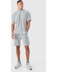 BoohooMAN - Oversized Extended Neck Towelling T-shirt & Short Set - Lyst