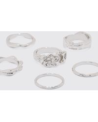 BoohooMAN - 6 Pack Melted Metal Rings In Silver - Lyst