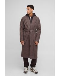 BoohooMAN - Single Breasted Shawl Collar Self Belted Longline Marl Melton Overcoat - Lyst