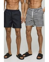 BoohooMAN - 2 Pack Flannelerboard And Plain Mid Length Swim Trunks - Lyst